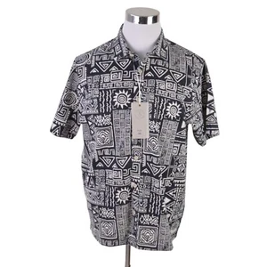 NEW Folk Mens Shirt Large Black Off White Floral Cotton Linen Blend - Picture 1 of 8