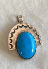 Women's Etched Sterling Silver Oval Turquoise Pendant Southwest Vintage