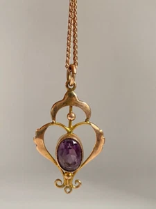 Antik um 1900 Jugendstil 9 kt Gold Amethyst Tropfen Anhänger Halskette & Kette - Bild 1 von 15