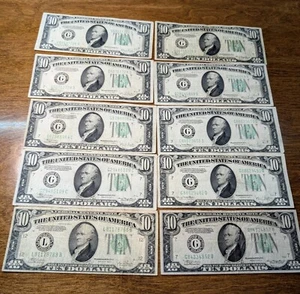 Lot of 10 x 1934 $10 Green Seal Federal Reserve Notes - Picture 1 of 18