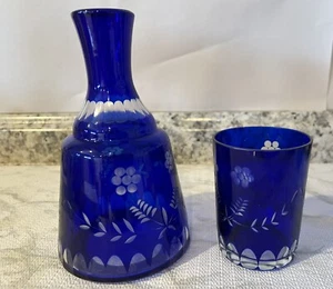 8" Vintage Kobaltblau Schliff Klar Kristall Karaffe Becher Dekanter Top! - Bild 1 von 7