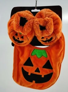 Halloween Baby Lätzchen & Booties Set Flauschig Plüsch Kürbis Jack O' Lantern 0-6 Monate - Bild 1 von 8