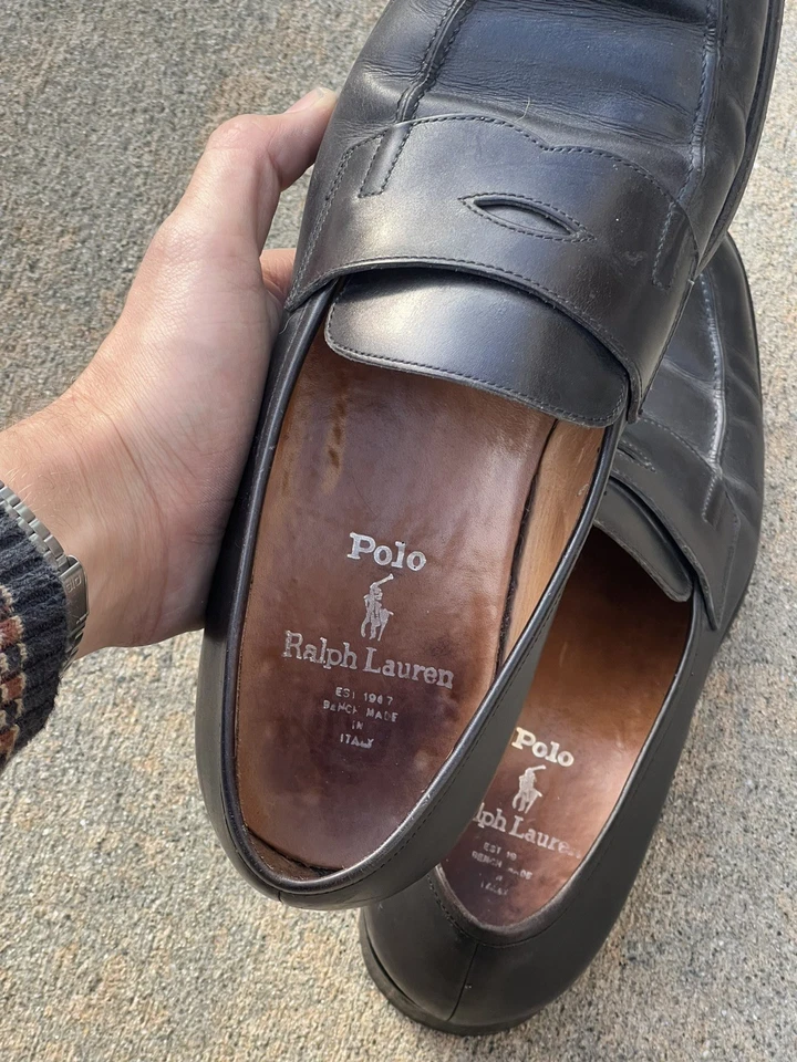 Mocassim Polo Ralph Lauren Vintage Couro Preto Penny, feito em banco na Itália tamanho 9,5 D - Imagem 1 de 4