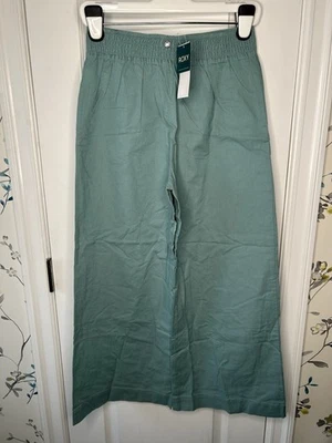 Pantalones de lino Roxy de pierna ancha para mujer talla mediana verde tiro alto cintura elástica nuevos con etiquetas Foto 1 de 4