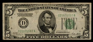 FR 1952-D dgs $5 1928 B Federal Reserve Note US - SKU-CA1804 - Picture 1 of 2