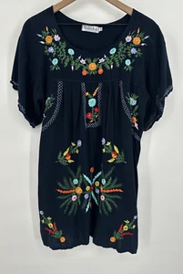 Back from Bali Hand Made Floral Embroidered Tunic Top Women XL Navy Colorful - Picture 1 of 10