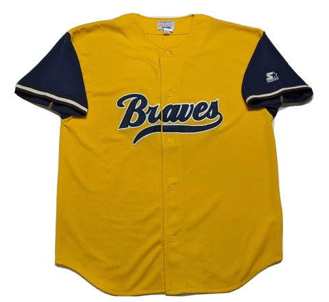 VINTAGE ATLANTA BRAVES STARTER JERSEY ALTERNATE MUSTARD YELLOW THROWBACK MEN XXL Cover