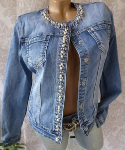 XL Jeansjacke Jacke Perlen Strass ausgefallen schöne Waschung - Bild 1 von 6