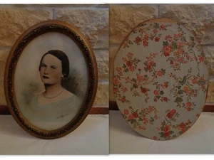 CADRE OVAL PORTRAIT DE FEMME SIGNE G. LONGPRE SOUS VERRE BOIS SCULPTE STUC - Picture 1 of 2