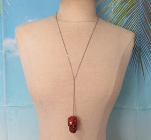 Silver Tone Chain Necklace with a Dangling Brown Skull Pendant 25" - Picture 1 of 5