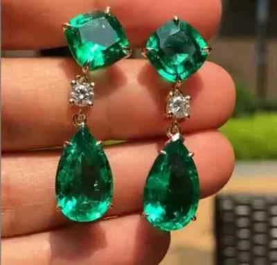 4Ct Pear Cut Lab Created Green Emerald Drop/Dangle Earrings 14kYellowGold Plated - Image 1 of 4