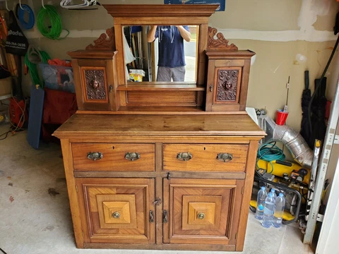 Antique 18th Century Victorian Buffet. Top piece with mirror/Hand Carved accents Cover