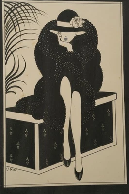 Art Deco Pen & Ink Drawing Of A Woman on Trunk Fashion Signed L. J. Green - Image 1 of 4