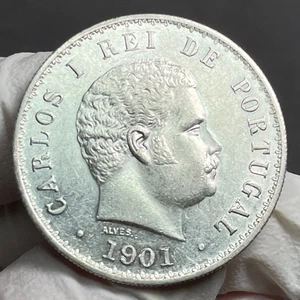 🇵🇹 Portugal Rey Carlos I 500 Reis Plata 1901 UNC - Imagen 1 de 6