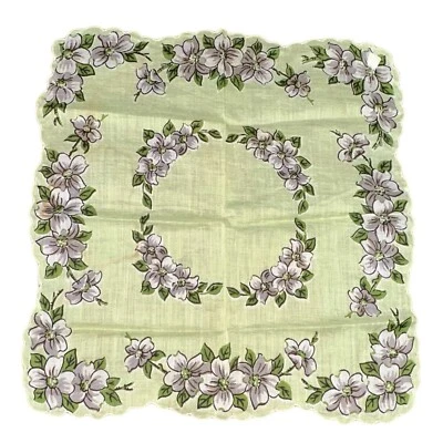 Pañuelo vintage verde gris lino floral borde festoneado pañuelo 11,5" LEER Foto 1 de 4