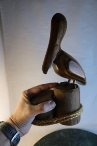 Pelican Bird Standing on Poles Figurine 10" Statue Carved Wood Nautical - Picture 1 of 8
