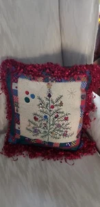 DECOR CHRISTMAS PILLOW ~ MULTI COLOR ~ TRIMMED IN RED FRINGE ~ 17"X17" - Picture 1 of 9