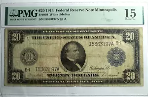 PMG 1914 $20 FRBN Minneapolis (9-I) F-15 FR#999 White / Mellon - Picture 1 of 2