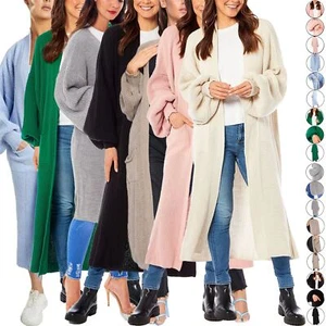 Ladies Chunky Knitted Oversized Cardigan Women Balloon Sleeve Long Maxi Cardigan - Picture 1 of 23