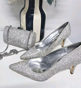 Dune Silver Sparkle Crystal Encrusted Shoes And Matching Bag Size 7.5/8 EU 41 - Picture 1 of 9