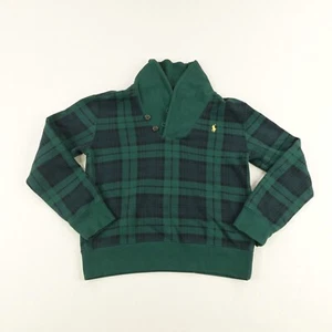 Polo Ralph Lauren Sweater Boys Medium Green Blue Tartan Plaid Shawl Collar Kids - Picture 1 of 10