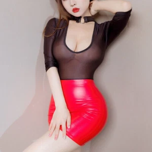Donna Maglia Bodycon Abito Similpelle Mini Lingerie Sexy Puro Slim PU Clubwear - Foto 1 di 14