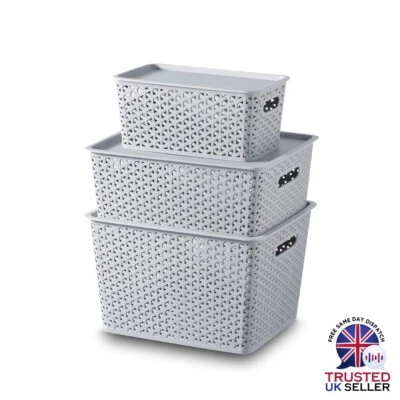 3x Rattan Storage Basket with Lid Home Office Bedroom Plastic Container Box - Image 1 of 4