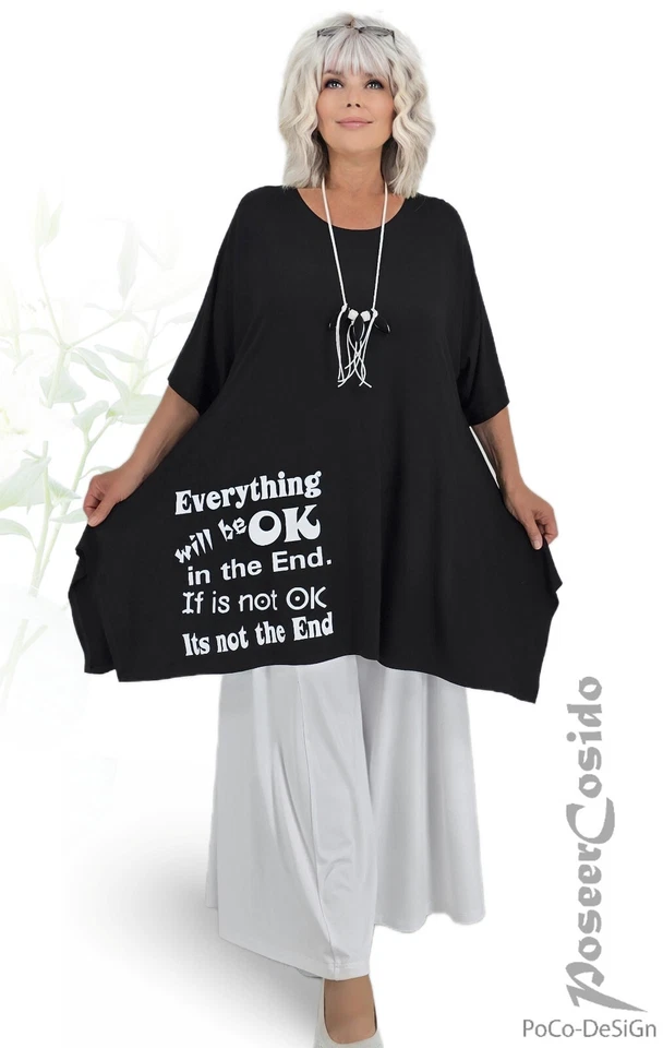 POCO-DESIGN BY POSEERCOSIDO LAGENLOOK Camiseta Larga Túnica Estampado Negro L-XL-XXL-XXXL 44 46 48 50 52 54 56 58