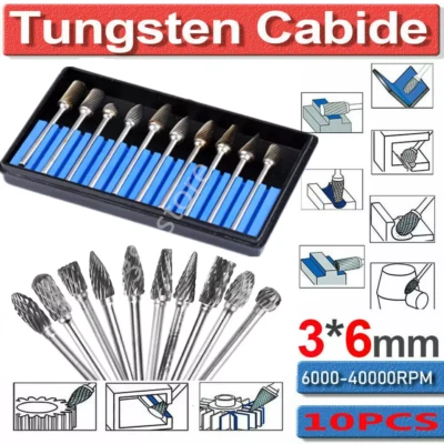 10pcs 3*6mm Tungsten Carbide Burr Rotary Drill Bits Tools Cutter Files Set Shank