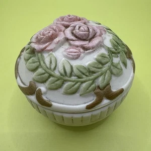 Vintage Bisque Porcelain 3D Roses Trinket Box - Picture 1 of 6