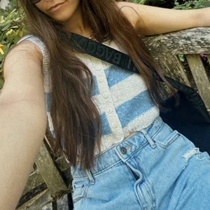 Suéter Cardi Tank Top Vintage Tejido con Botones Azul y Blanco Rayas M - Imagen 1 de 7