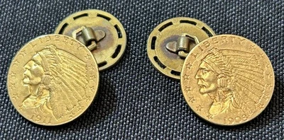1911 & 1908 $2.50 Gold Indian Coins Gold Cuff links Vintage - Image 1 of 4