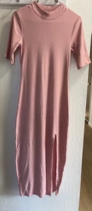 Open Edit Ribbed Bodycon Midi Side Slit Dress High Neck Pink Sz Medium - Picture 1 of 5