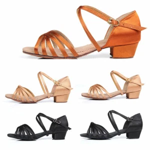 Girls Latin Dance Shoes Children Ballroom Salsa Tango Shoes Suede Sole Low Heels - Picture 1 of 22