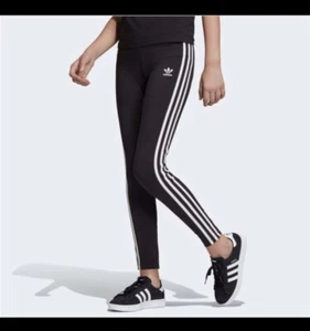 Adidas Junior Girls' 3 Side Stripes Fitted Logo Leggings - Black/White Size 14 - Picture 1 of 10