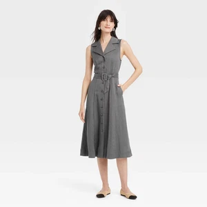 Women's Tie-Waist Midi Shirtdress - A New Day Gray L - Picture 1 of 3