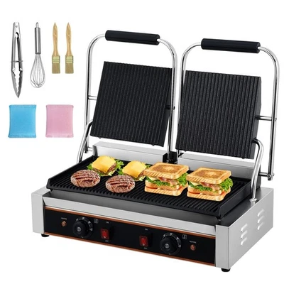 GARVEE Commercial Panini Press Grill w/Grooved Plates Electric Sandwich Maker 19"x 9"