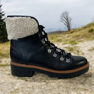Marc Fisher Isalia Black Leather Ankle Boots with Faux Shearling Lining Size 8.5 - Picture 1 of 14