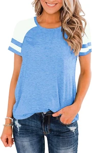 Womens Shirts Casual Tunic Tops Color Block Crewneck Summer Loose Fitting Workou - Picture 1 of 12