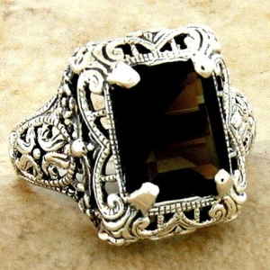 GENUINE SMOKY QUARTZ 925 STERLING SILVER DECO ANTIQUE STYLE FILIGREE RING 111X - Picture 1 of 22