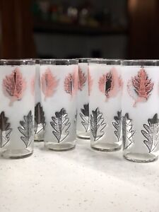 Vintage Libbey Glass Pink And Black Frosted  Glasses (6) Set EUC Atomic Glossy
