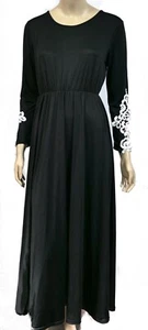 Nwt Wang Mei cheng Black Nylon Maxi Dress w White Lace Cuff XL US M - Picture 1 of 6