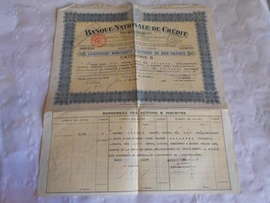 Vintage share certificate Stocks Bonds Action Banque nationale de credit 1943 - Picture 1 of 4