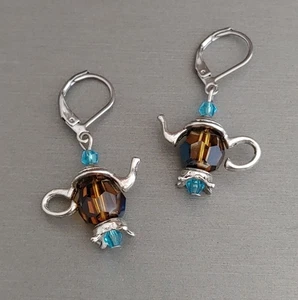 Silberfarbene Perlen TEEKANNE Ohrringe facettiert aquabraun Kristallperlen Leverbacks - Bild 1 von 6