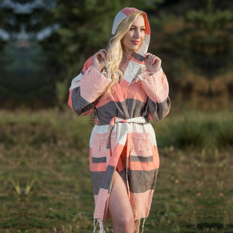 Bademantel Saunamantel Damen Strandmantel Spa Strandkleid Kapuzen Baumwolle L XL - Bild 1 von 4