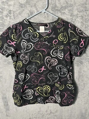 Baby Phat Womens Scrub Top Medium Black V Neck Pockets Breast Cancer Scrub - Image 1 of 4