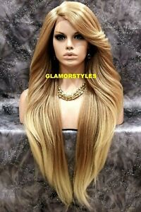 HUMAN HAIR BLEND LACE FRONT FULL WIG LONG STRAIGHT LAYERED MEDIUM BLONDE MIX NWT