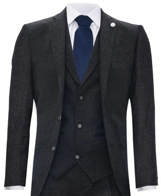 Mens Black 3 Piece Tweed Suit Herringbone Wool Vintage Retro Peaky Blinders - Image 1 of 4
