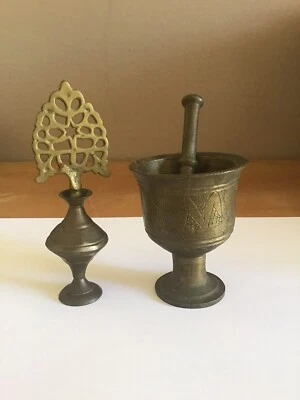 Ancien Flacon à khôl oriental, mortier et son pilon - Photo 1/4