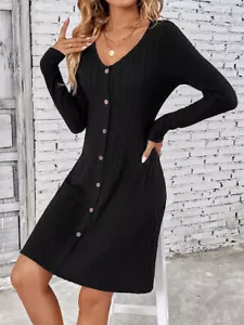 Fashion Solid Ribbed Knitted Mini Dress Women Button Long Sleeve A Line Dresses - Picture 1 of 13